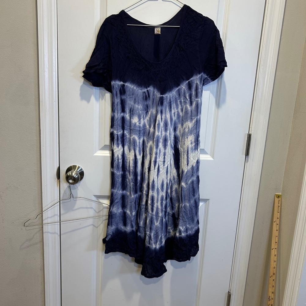 India‎ Boutique Womens Dress Tie Dye Embroidery Navy Blue White OSFA